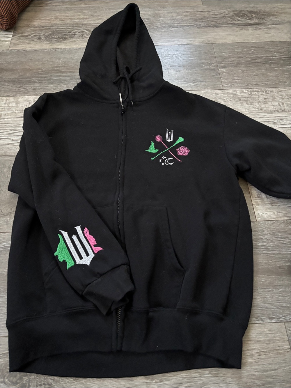Freeze Black Zip-Up Hoodie with Pink & Green Embroidery